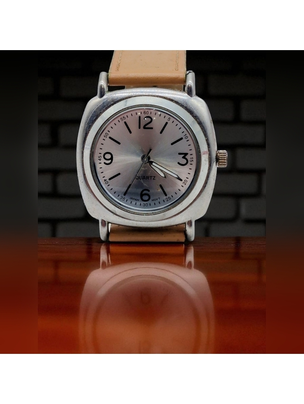 Silver Watch with Tan Strap Japan Movement 21454XT